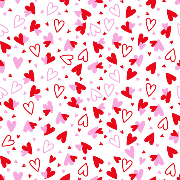 爱心图案，包含红粉色云朵。手绘心形设计。适合邀请函、卡片、印刷品、服装、海报、网页、包装纸的快乐情人节背景。矢量插画图片下载