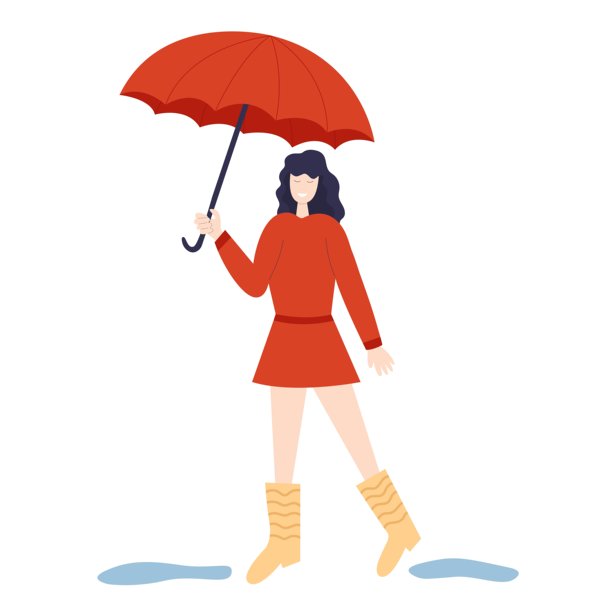 撑伞的女性扁平化矢量插画。身穿红裙的女性手持红伞。图片下载