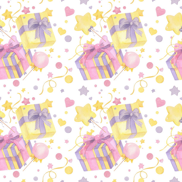 包装纸、贺卡、装饰和插画的无缝图案，包含礼品盒、棒棒糖、彩屑和彩带。手工水彩插画。图片下载