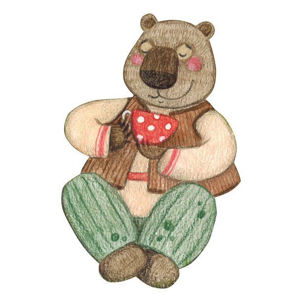 一只童话风格的熊在喝茶。水彩插画，卡通风格。适用于T恤、卡片或邀请函的设计。动物，童话，儿童图片下载