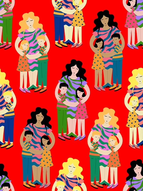 母亲充满爱意地抱着孩子，红色背景，矢量插画，母亲节贺卡海报，无缝图案图片下载