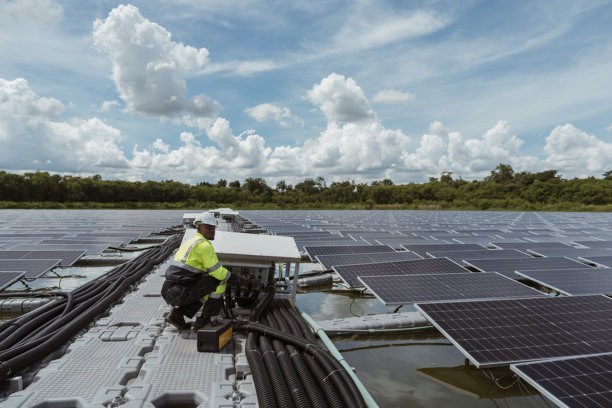 专业人员在漂浮的浮标上清洁和检查太阳能电池板。水力发电站。(照片)图片下载