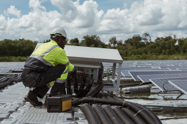 专业人员在漂浮的浮标上清洁和检查太阳能电池板。水上发电站。(照片)图片下载