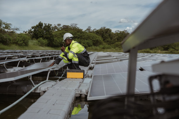 专业工作人员在漂浮浮标上清洁和检查太阳能电池板。水上发电厂。(照片)图片下载