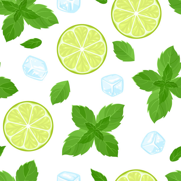 莫吉托无缝图案。矢量背景，绿色薄荷叶、冰块和青柠片孤立在白色背景上。卡通扁平化插画。图片下载