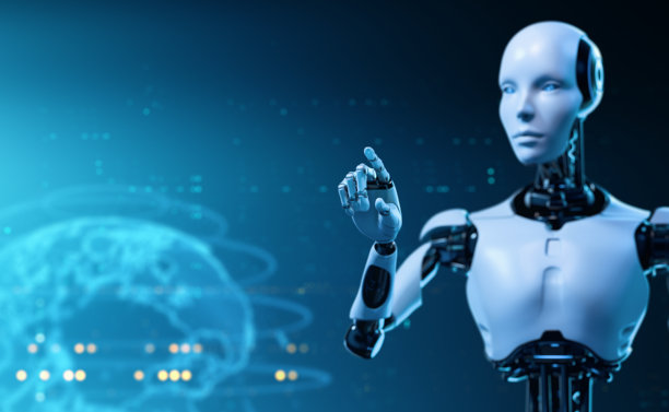 机器人触摸虚拟屏幕。未来科技与人工智能概念图片下载
