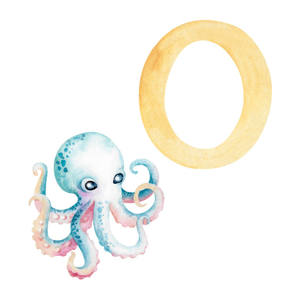 字母O和卡通章鱼的英文手绘水彩插画，孤立在白色背景上，带有蓝色飞溅效果。有趣的儿童水下剪贴画，适用于学习和游戏，以及为孩子们设计的字母。图片下载