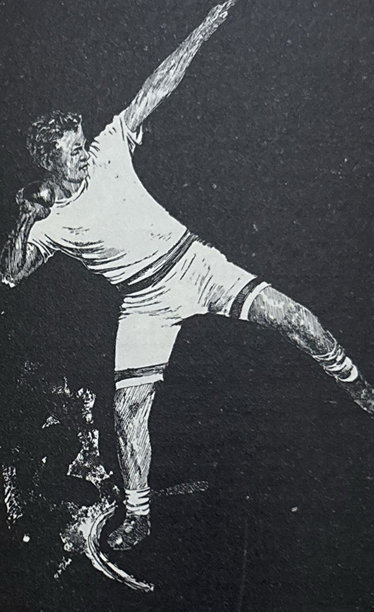 复古插画 - 一名男子在田径比赛中试图投掷铅球，努力保持平衡图片下载