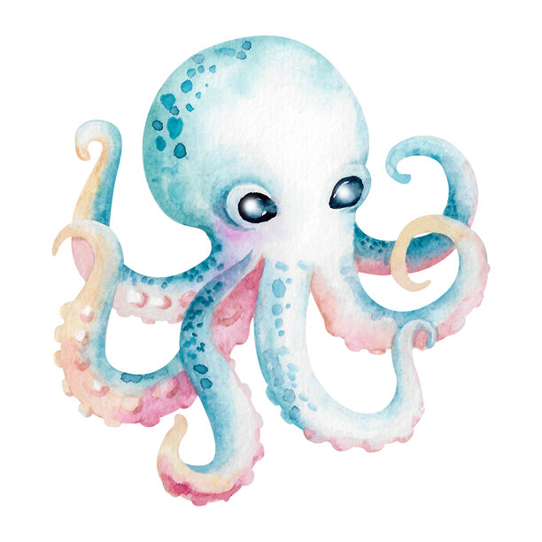 章鱼，一只卡通海生动物，有触手，手绘水彩插画，孤立在白色背景上。明亮的が水下剪贴画，适用于儿童游戏和教育活动、海洋和海洋设计。图片下载