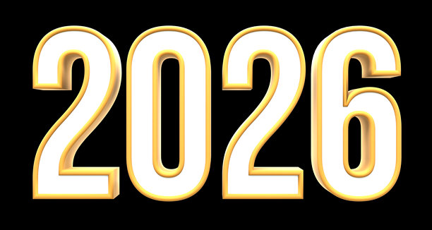 黑色背景上的白色和金色数字 2026。三维插画渲染图片下载