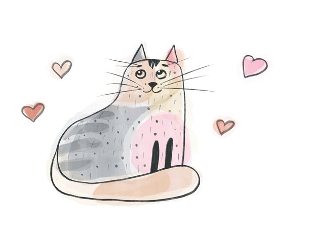 可爱的猫咪数字插画，水彩风格，周围环绕着爱心。图片下载