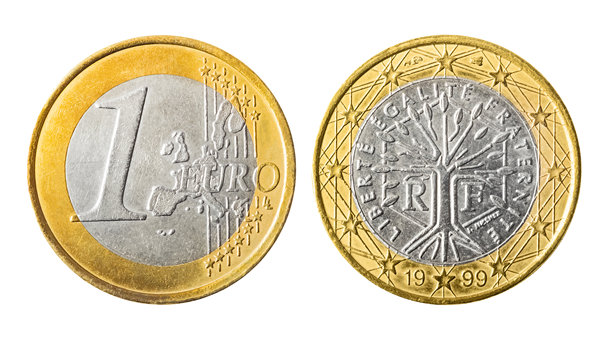孤立的1999年法国1欧元硬币照片，背景为白色。图片下载