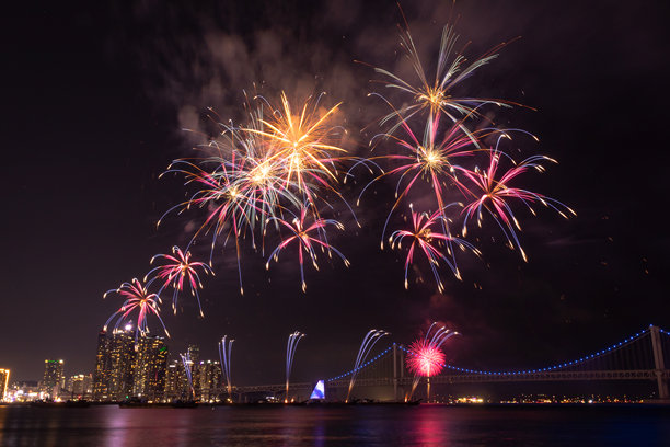 明亮美丽多彩的烟花在夜空中绽放。照片摄于韩国釜山。图片下载