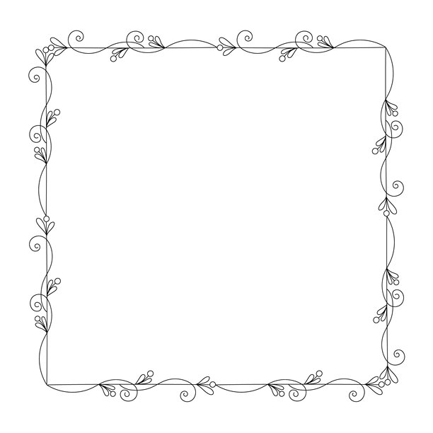 花卉纤细优雅的节日方形框架装饰轮廓手绘插画，由叶子和藤蔓组成的线性装饰，用于贺卡、请柬、横幅和其他设计用途图片下载