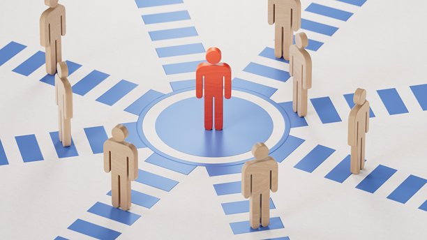 木块3D插画，其中红色木块取得成功。成功的求职者概念。白色背景上的3D渲染。图片下载