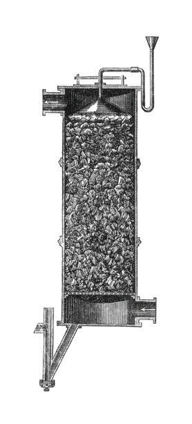 照明气体洗涤器示意图，显示带有内部填料和用于化学清洗的液体喷雾系统的垂直塔，1895年的老式复古插画。图片下载