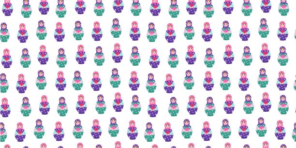 带爱心的俄罗斯套娃。无缝图案。情人节。彩绘俄罗斯复古玩具，木制套娃。俄罗斯文化，民间传说。明亮的平面插画，重复背景。图片下载