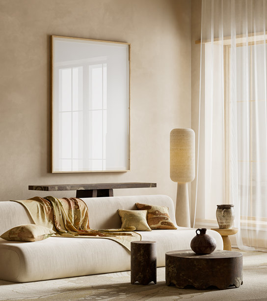 极简日式禅意室内设计，配有墙面海报画框模型、柔和日光和中性色调，专为艺术品和品牌视觉设计。三维插画图片下载