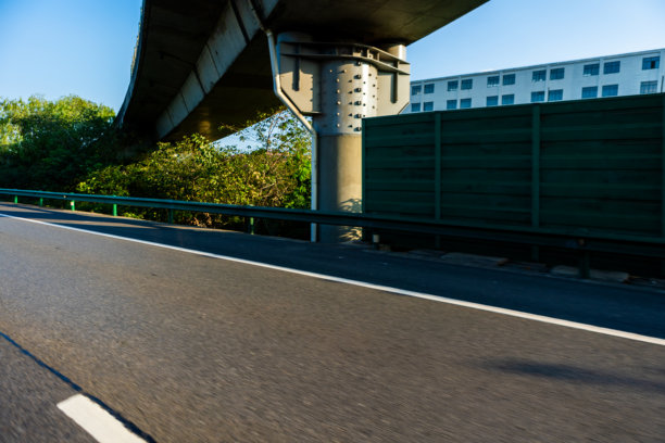 城市街景地面视角，远处是中央商务区天际线作为背景，有干净的复制空间，适合汽车广告设计、现代城市景观、商业推广、交通品牌、户外营销视觉和极简主义广告图片下载