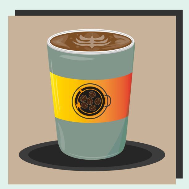 一次性咖啡杯的矢量插画，带有拿铁艺术，鲜亮的黄橙色杯套和咖啡豆标志。非常适合咖啡馆品牌和咖啡相关设计。图片下载