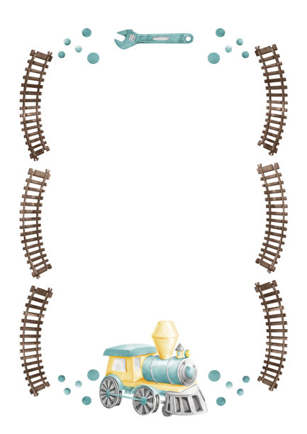 男孩生日邀请函的垂直卡通风格边框。火车、弯曲的轨道和钳子。这幅手绘水彩插画以铁路为主题，非常适合放在白底贺卡上。适用于拍摄、横幅图片下载