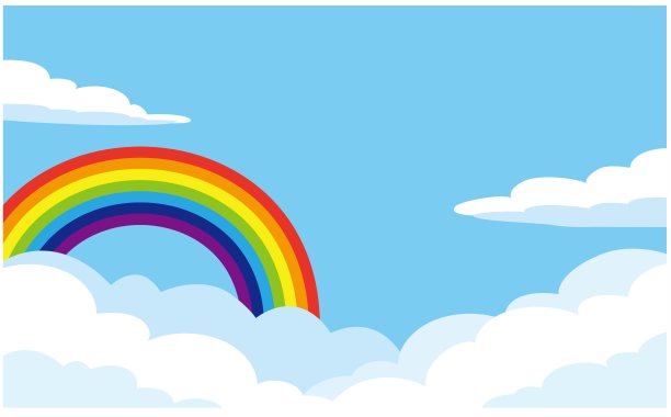蔚蓝天空背景，配有彩虹和蓬松云朵插画图片下载