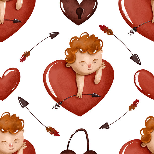 手绘卡通丘比特在红心上睡觉的 वैलेंटentine's Day插画图片下载