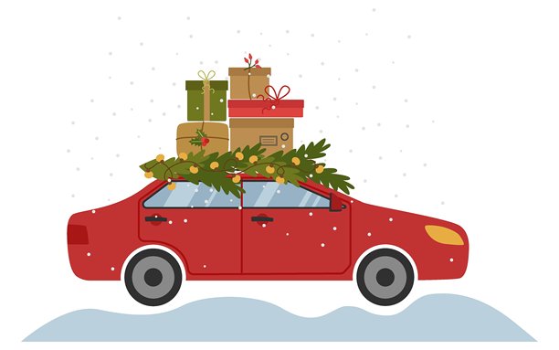 红色的圣诞汽车，车顶载满了礼物和杉树枝，还挂着花环。新年配送。矢量节日插画。图片下载
