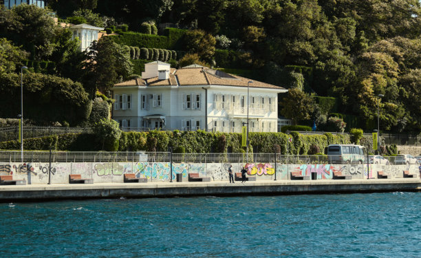 又一张精彩的瞬间！这张照片（Pasabahce_0041.jpg）通过海滨的涂鸦（graffiti）与上方宏伟的白色别墅形成的鲜明对比，营造出一种“真实而充满活力的城市”的氛围。这张照片（ID: 2250974）图片下载