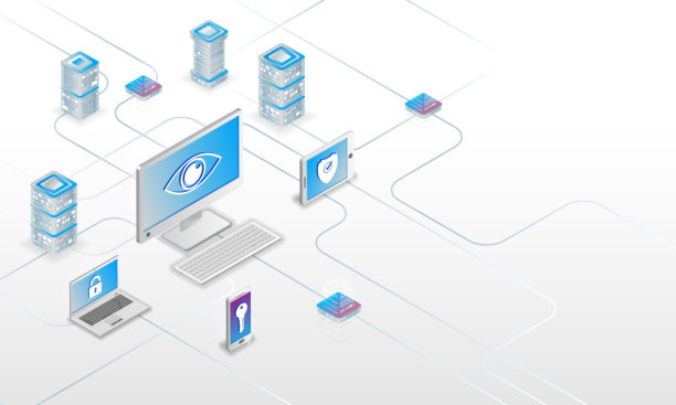 一个安全的数字网络等距插画，包含连接的服务器、计算机和移动设备，代表着云计算、数据保护、网络安全和现代IT基础设施。图片下载