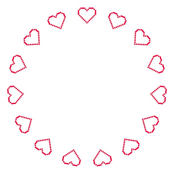 由粉色像素心组成的圆形矢量相框。爱心相框设计。矢量8位像素插画。装饰性心形模板图片下载