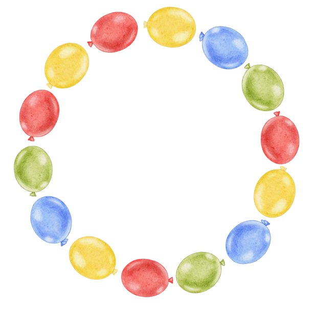 水彩节日生日花环，饰有多彩气球，有红色、蓝色、黄色和绿色。圆形可爱设计模板，留有文字复制空间。适用于贺卡、邀请函、派对活动图片下载