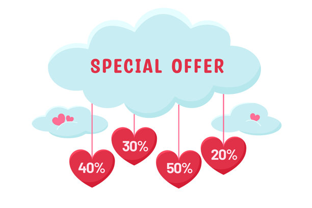 云朵横幅的极简矢量插画，带有展示折扣百分比的心形标签。可爱的粉彩色设计，适用于促销、营销横幅、在线购物广告和零售活动。图片下载