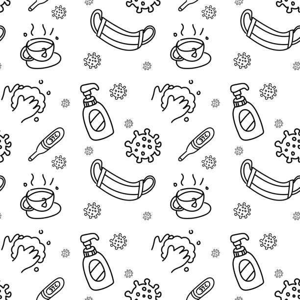 医疗保健图案，无缝背景，卫生口罩，肥皂，洗手，病毒，消毒剂，茶，矢量插画图片下载