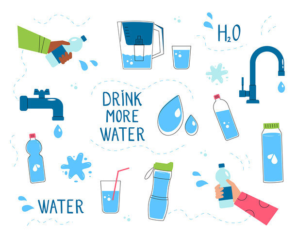 饮水矢量插画集。瓶子、玻璃杯、水龙头和滤水器图标，附有“多喝水”文字。健康生活和补水概念，孤立在白色背景上。图片下载