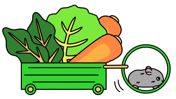 一只仓鼠拉着装满蔬菜的购物车在轮子上滑稽地前进的插画图片下载