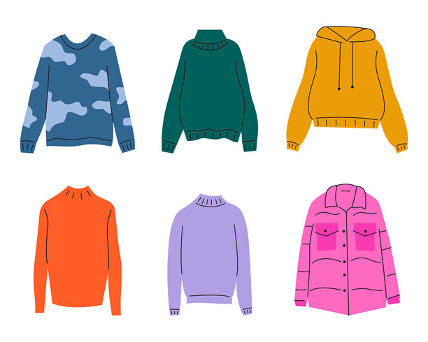 温馨的冬装和秋装矢量图集。色彩丰富的毛衣、连帽衫和夹克的扁平手绘插画，温暖的季节性时尚系列，孤立在白色背景上。图片下载