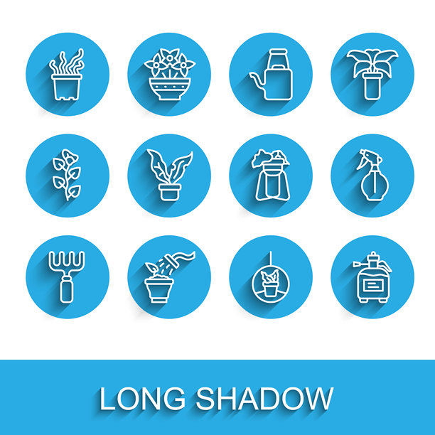 一套园艺工具，包括耙子、喷壶、异域热带植物盆栽、吊篮植物、施肥喷壶、水瓶和支架图标。矢量图图片下载