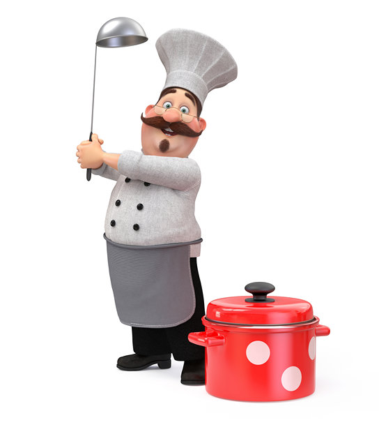 厨师手持锅和勺子的3D插画图片下载