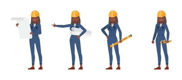 女工穿着蓝色连体服工作的角色矢量插画设计集图片下载