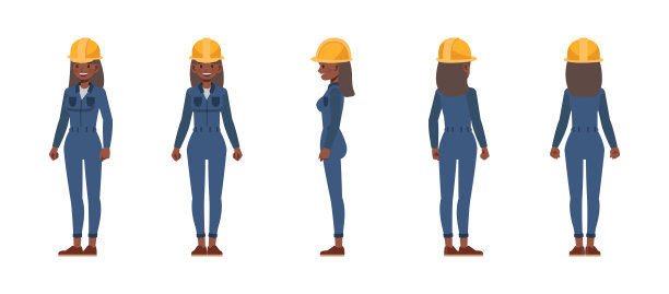 女工穿着蓝色连体服，包含正面、侧面和背面视图的角色矢量插画设计套装，展示各种动作。图片下载
