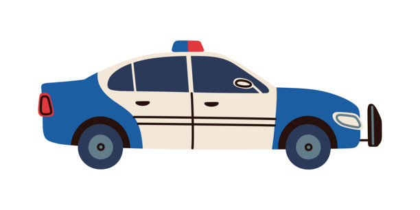 城市交通主题的卡通警车，采用友好的矢量扁平化卡通插画风格。适合儿童教育、交通安全、应用程序、学习材料和城市场景的城市服务车辆。图片下载