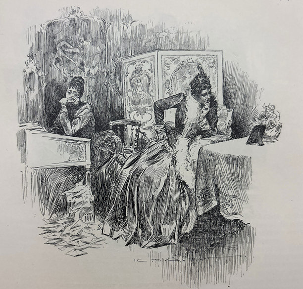 复古插画——一位身着长裙的女子坐在书桌旁，另一位女子在附近图片下载