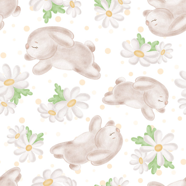 可爱的兔子和雏菊水彩无缝图案，适用于儿童设计。有趣的兔子插画，适用于婴儿主题。手绘的小动物、复活节野兔装饰，用于纺织品、壁纸、卡片。图片下载