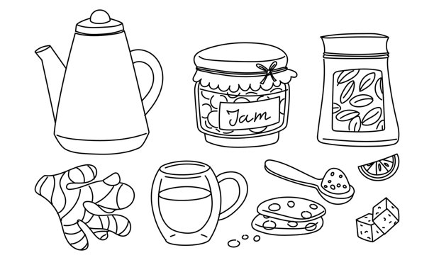 茶主题插画集，包含茶包装、茶壶、果酱、饼干、姜、糖和柠檬。适用于宣传材料、包装、博客、茶点相关内容。茶道。图片下载