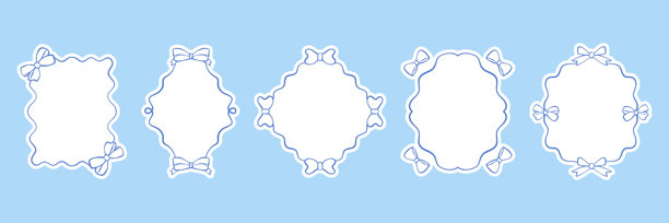 复古画框，配有蓝色奇幻手绘蝴蝶结和蝴蝶结，采用俏皮涂鸦风格。矢量优雅线条艺术极简边框，适用于邀请函、贺卡。蓝色矢量插画。图片下载