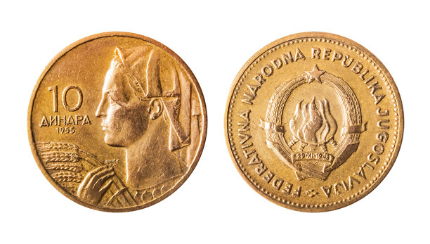 1955年南斯拉夫10第纳尔硬币的隔离照片，背景为白色。图片下载