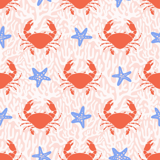 粉色珊瑚背景上的蓝色海星螃蟹的异想天开无缝图案。复古海鲜插画和海洋生物的复古海岸印花。非常适合海洋婴儿印花、托儿所装饰。图片下载