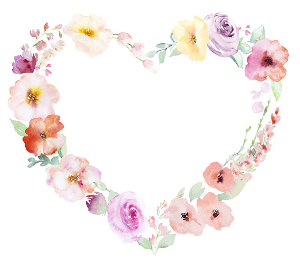 由手绘水彩花卉和绿叶构成的爱心相框，手绘婚礼插画图片下载