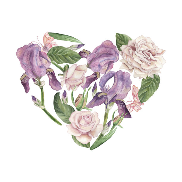 一幅由紫色鸢尾花和粉色玫瑰组成的爱心形状构图。这幅水彩插画采用植物风格手绘而成，色彩柔和，适用于明信片、婚礼请柬、包装设计。图片下载